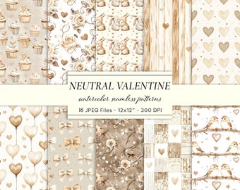 Neutral Valentine Seamless Patterns | Cozy Romantic Neutral Prints | Textures | Watercolor Backgrounds