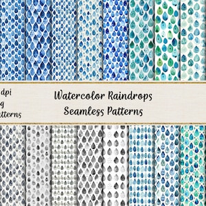 May include: A set of 25 digital watercolor raindrop seamless patterns in various shades of blue, green, and gray. The patterns are 300 dpi and in jpeg format.
