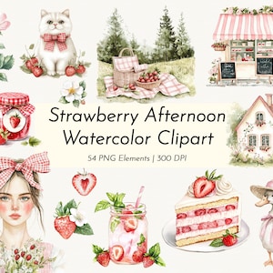 Clipart aquarelle fraise après-midi - Cottagecore Summer PNG avec scènes de pique-nique, personnages, fleurs et bonbons - Usage commercial