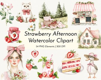 Jordgubbspicknick Akvarell Clipart: Cottagecore Sommar PNG-set