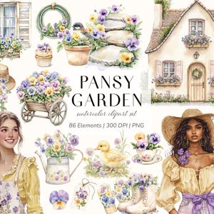 May include: Watercolor clipart set titled "Pansy Garden" featuring various floral elements. Includes a house, window boxes, a wheelbarrow, a watering can, a duckling, and two women. The set contains 86 elements and is 300 DPI.