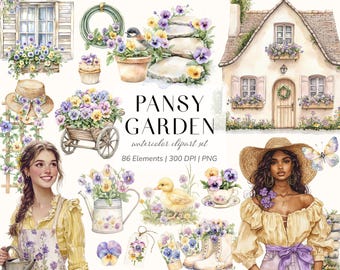 Pansy Garden Watercolor Clipart Bundle, Spring Cottage Floral Illustrations, Pastel Garden Flowers PNG Set