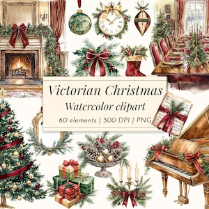 以下が含まれることがあります： ビクトリア朝のクリスマスをテーマにした水彩画クリップアートセット。装飾されたクリスマスツリー、暖炉、ダイニングテーブル、ピアノ、その他のお祝いの要素が含まれています。画像内のテキストは「Victorian Christmas Watercolor clipart」と表示されています。