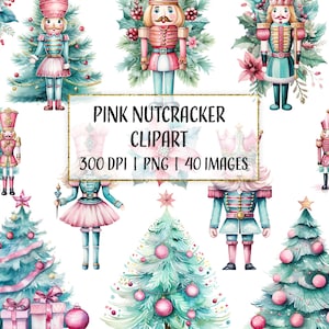 Könnte beinhalten: Rosa und türkisfarbener Aquarell-Nussknacker-Clipart-Set mit 40 Bildern. Das Set enthält Nussknacker in rosa und türkisfarbenen Outfits, Weihnachtsbäume und andere festliche Elemente. 300 DPI PNG.