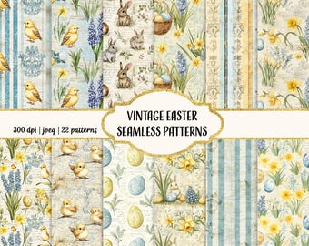 Op de afbeelding: Een verzameling van 22 vintage naadloze paaspatronen met verschillende ontwerpen, waaronder bloemenpatronen, strepen en stippen. De patronen zijn in een pastelkleurenpalet van blauw, geel en groen.