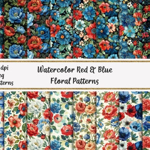 Watercolor Red and Blue Floral Seamless Patterns, Commercial use