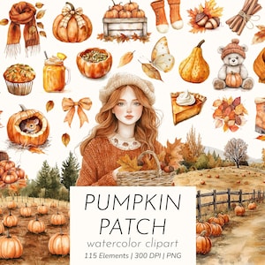 May include: Watercolor clipart titled "PUMPKIN PATCH" featuring various autumn-themed illustrations. Includes pumpkins, a girl, a teddy bear, a scarf, a pie, and other fall elements. The image is in warm orange and brown tones.