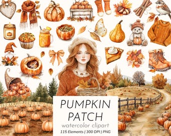 Pumpkin Patch – Watercolor Fall Clipart Set, Rustic Farmhouse Autumn Pumpkins, Cozy Harvest Illustrations, PNG