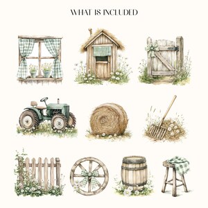 May include: Watercolor illustrations of farm elements, including a tractor, hay bale, wooden gate, window, and a small shed. The illustrations feature a soft color palette with green and brown accents, and the text "WHAT IS INCLUDED".