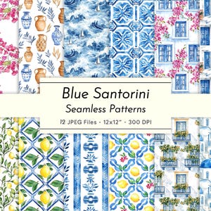 Bleu Santorin – Motifs aquarelles sans couture | Clipart île grecque, bougainvilliers, carreaux, citrons, vue sur la mer | 12 fichiers JPEG