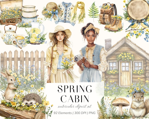 Spring Cabin Watercolor Clipart | Floral Spring PNG Elements