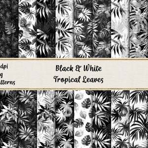 May include: A set of 22 black and white tropical leaf patterns. The patterns are seamless and can be used for a variety of projects, such as scrapbooking, card making, and digital design. 300 dpi jpeg.