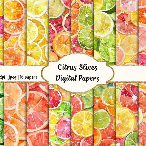 Watercolor Citrus Slices Digital Papers, A4 size Backgrounds, Commercial use