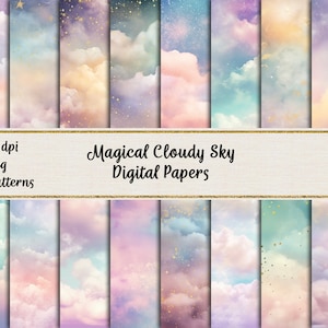 May include: A set of 16 digital papers featuring a magical cloudy sky with pastel colors and gold glitter. The papers are 300 dpi and in jpeg format.