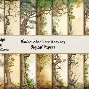 Bordures d'arbres aquarelles, papier de scrapbooking imprimable, papiers numériques à téléchargement immédiat, usage commercial