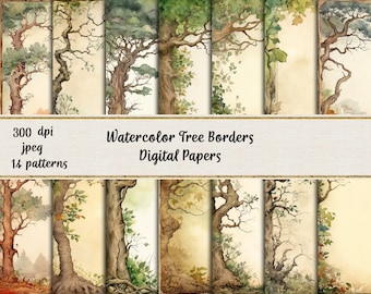 Watercolor Trees Borders, Printable Scrapbook Paper, Instant Download Digital Papers, Commercial use