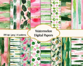 Watercolor Watermelon Digital Papers, Seamless Patterns, Commercial use