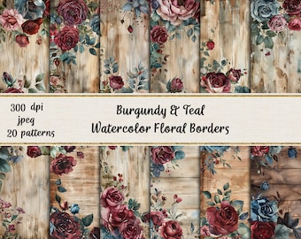 Burgundy and Teal Watercolor Floral Borders Digital Papers