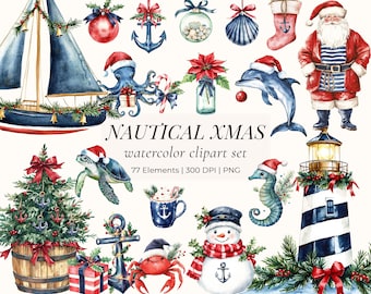Watercolor Nautical Christmas Clipart, Coastal Holiday Clip Art, Festive Sea Animals, Christmas Marine PNG
