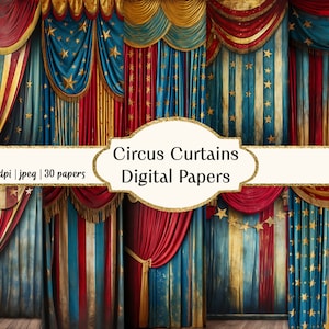Papeles digitales con cortinas de circo vintage, fondos para escenarios de circo, papel para álbum de recortes imprimible, uso comercial