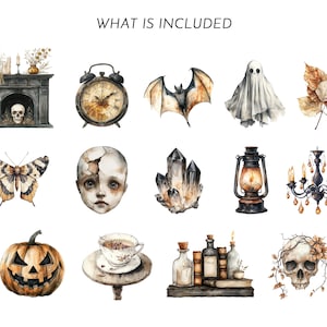 May include: Watercolor illustrations of Halloween-themed objects, including a fireplace with a skull, an antique clock, a bat, a ghost, autumn leaves, a butterfly, a doll head, crystals, a lantern, a chandelier, a jack-o'-lantern, a teacup, and potion bottles.