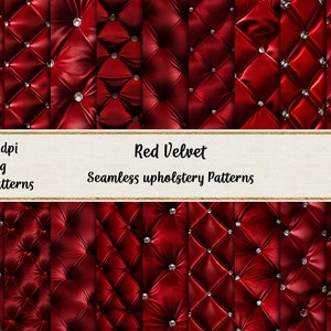 May include: A collection of seamless upholstery patterns in red velvet. The patterns feature a quilted design with diamond-shaped tufting and sparkling embellishments. The image includes text that reads "Red Velvet Seamless upholstery Patterns".