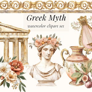 Ensemble de cliparts mythe grec - Déesse aquarelle, temple, vases et fleurs - Illustrations grecques en terre cuite et ivoire pour le scrapbooking