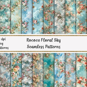 May include: 20 digital seamless patterns featuring a Rococo style floral design with pastel pink, yellow, and white flowers on a blue sky background. The patterns are 300 dpi and in jpeg format.