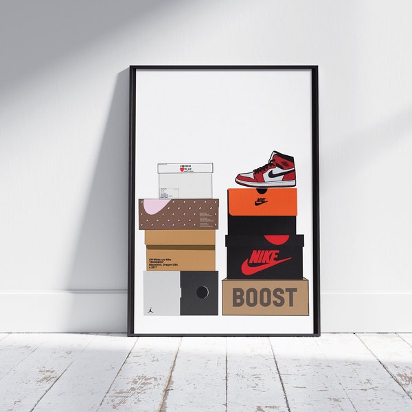 Hypebeast Shoebox Stacked Poster, Air Jordan 1 auf Shoe Box Digital Download Poster