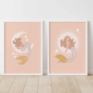 Boho Mermaid Prints, Set of 2 Moon and Sun Printable Wall Art, Ocean Themed Coastal Nursery Decor, Beach House Decor