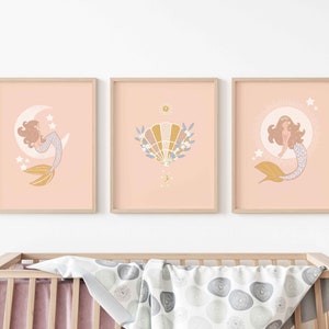 Boho Mermaid Print, Sun, Moon and Sea Shell Nursery Wall Art, Little Girl's Bedroom Decor, 3 Piece Printable Wall Art, New Baby Gift