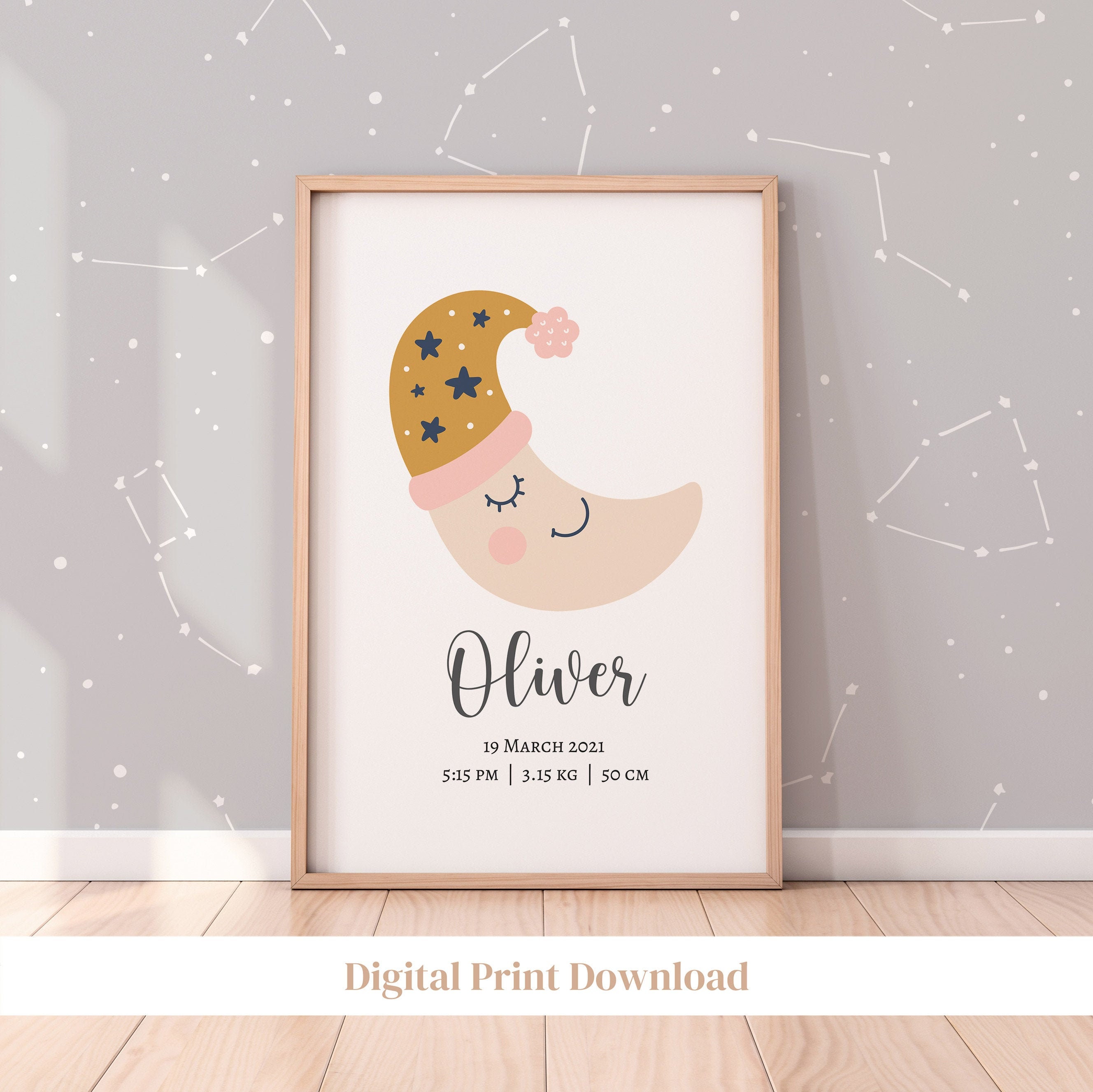 Moon Nursery Print Birth Poster Baby Name Print Baby Birth | Etsy
