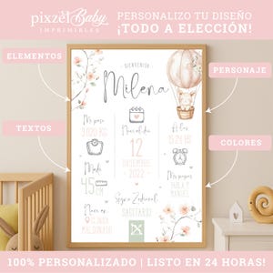 Cuadro de nacimiento conejito en globo aerostático personalizado | Lámina bebé imprimible | Póster nacimiento | Regalo recién nacido