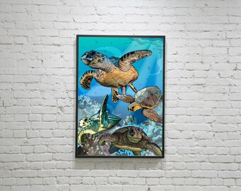 Turtle Art Print | Childrens art, wall art for children, illustration, under water print, wall art