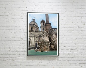 Fountain of the four Rivers on Piazza Navona | Rome Print | Italy | Wall Art | Illustration | Home Decor