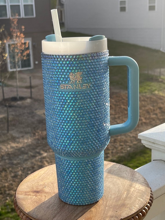 Bling Stanley Tumbler Pool Baby Blue Light Blue Premium Rhinestones 40 Oz  Cup With Handle HTF Cup Free Shipping Tik Tok Cup 