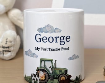 Personalised Farmer Money Box | Ceramic Christening Gift for Boys | Engraved Farm Animal Piggy Bank | Baptism, Naming Day & Baby Keepsake