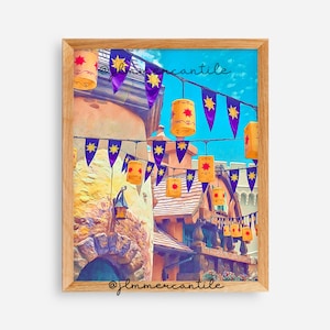 May include: A digital painting of a colorful scene with a building decorated with purple and yellow flags and lanterns. The building has a stone facade and a wooden door. The sky is blue and there are clouds in the background. The text "@jlmmercantile" is at the bottom of the image.