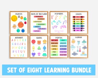 May include: Set of eight colorful educational posters for children. The posters feature illustrations of planets, days of the week, numbers, colors, the alphabet, shapes, months of the year, and weather.