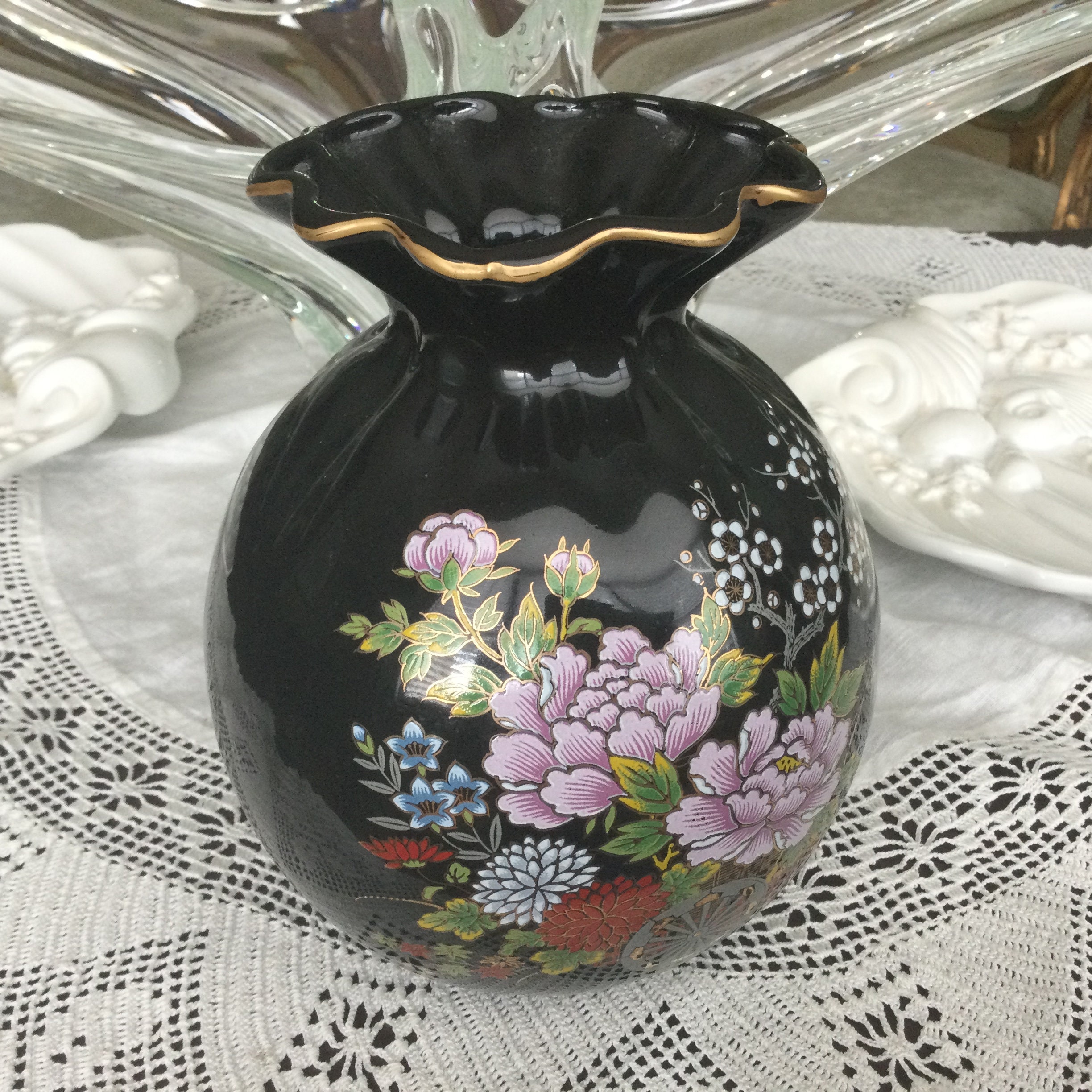 Vase japonais vintage dans la conception noire et florale Etsy