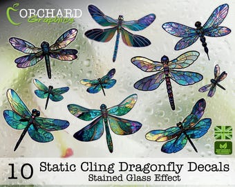 10 Static Cling Dragonfly | Dragonflies | Reusable | Window Sticker | Clings | Stained Glass | Patio Doors | Greenhouse | Bird Strike