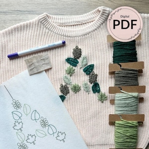 Digital File Leaf Alphabet and Number Initial Embroidery Patterns for DIY Sweater or Denim / Printable Stick and Stitch Designs / Maple Fall