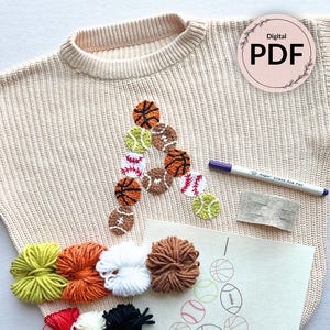 Digital File Alphabet and Number Sports Ball Initial Embroidery Patterns for DIY Sweater or Denim / Printable Stick and Stitch Designs