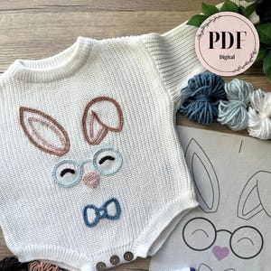 Patrones de bordado digital de conejito de Pascua y orejas de conejo para suéteres o vaqueros DIY / Diseños imprimibles de pegar y coser / Gafas florales