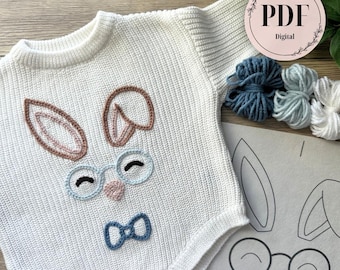 Digital Easter Bunny & Bunny Ear Embroidery Patterns for DIY Sweater or Denim / Printable Stick and Stitch Designs / Floral Glasses