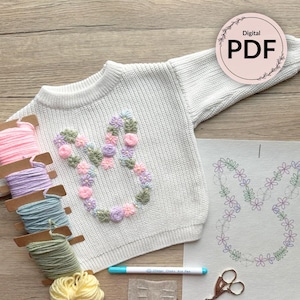 DIYセーターやデニムに使えるデジタル花柄イースターバニー刺繍パターン