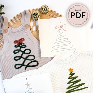 May include: A selection of Christmas-themed items, including a beige knitted romper with a green and red Christmas tree design, a white jumper with a green and yellow tree, and line art drawings of trees. A digital PDF icon is visible.