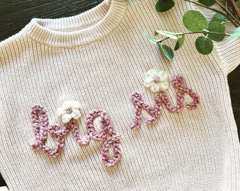 Personalized Hand-Embroidered Oversized Knit Sweaters / Baby, Toddler, or Kid Sweater / Baby Announcement for Big Brother or Big Sister