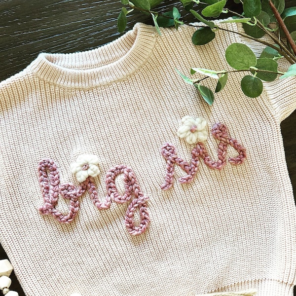 Personalized Hand-Embroidered Oversized Knit Sweaters / Baby, Toddler, or Kid Sweater / Baby Announcement for Big Brother or Big Sister