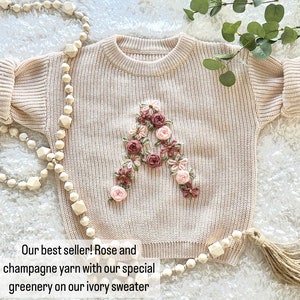 Personalized Floral Letter Hand-Embroidered Knit Sweater / Baby Shower Gift / Baby Announcement image 2